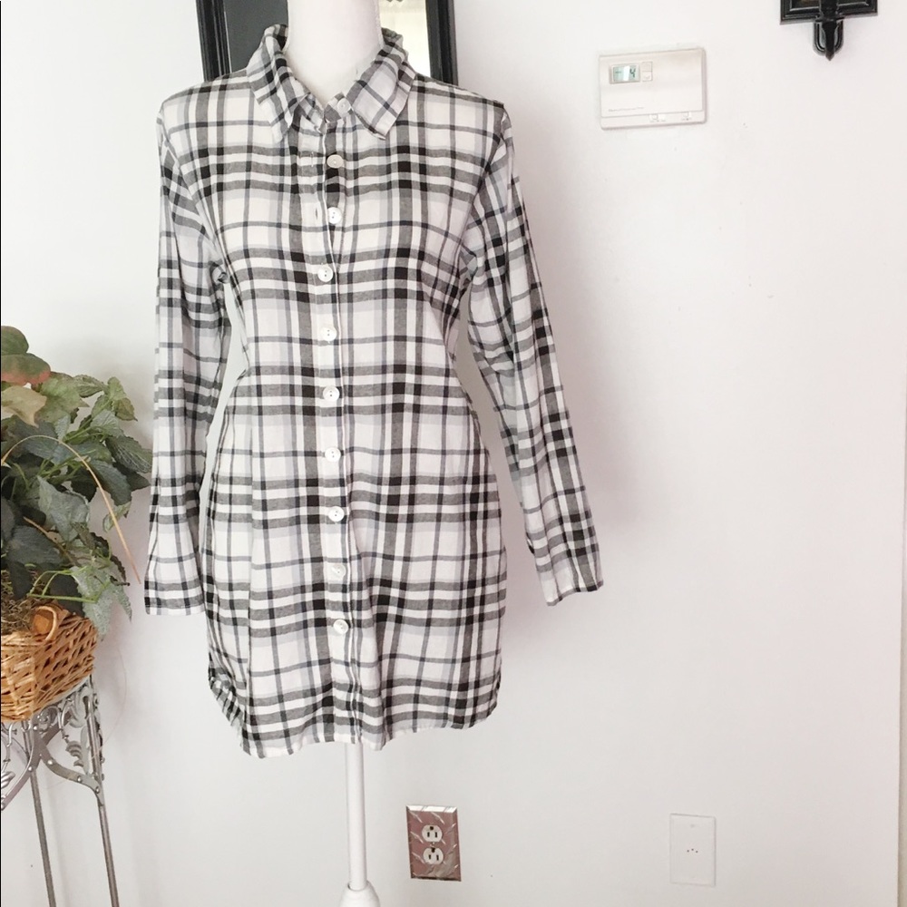 Tulip Black White Plaid Button Down Tunic Shirt